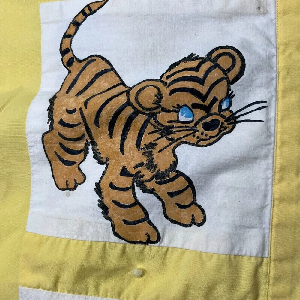 Vintage Handmade Quilt Hand Painted Animals Elephant Tiger Bunny Squirrel Yellow